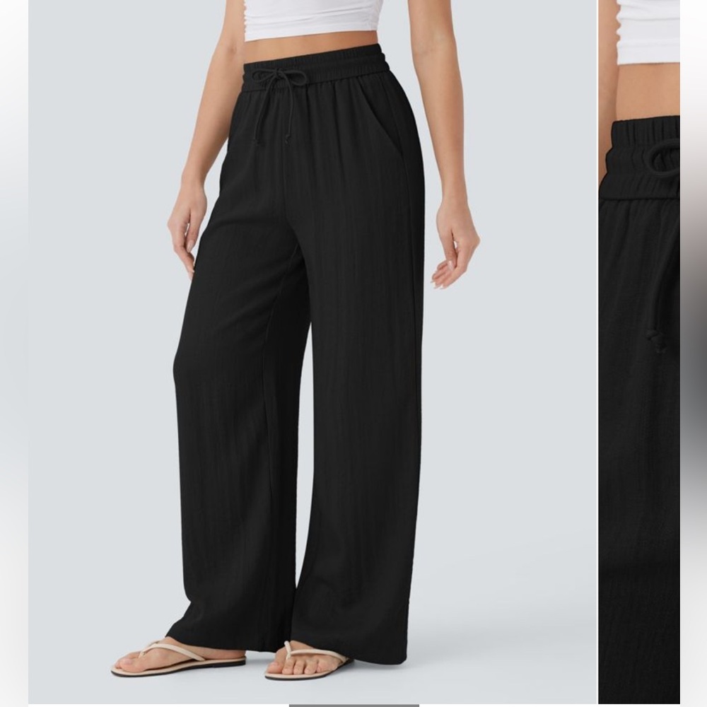 NWT Halara High Waisted Drawstring Pocket Wide Leg Casual Linen-Feel Pants